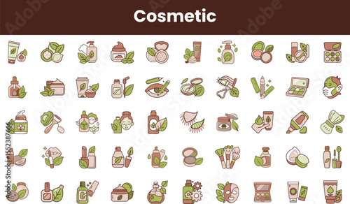 A vibrant collection of cosmetic icons featuring various beauty products, including skincare, makeup, and organic elements, showcasing a fresh and natural aesthetic.
