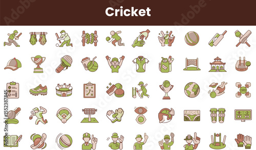 A vibrant collection of cricket-themed icons showcasing players, equipment, and trophies, capturing the spirit of the game in a colorful and engaging design.