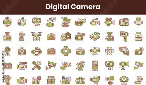 A colorful collection of digital camera icons, showcasing various styles and features, ideal for photography enthusiasts and tech lovers.