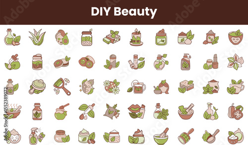 A collection of hand-drawn icons representing DIY beauty products, featuring natural ingredients and wellness themes. Perfect for eco-friendly and beauty enthusiasts.