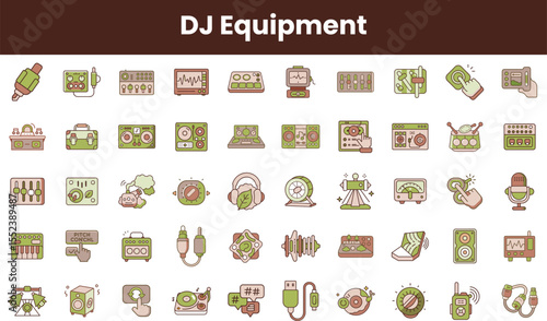 A colorful array of DJ equipment icons, featuring mixers, turntables, headphones, and sound controllers, perfect for music enthusiasts and event planners.