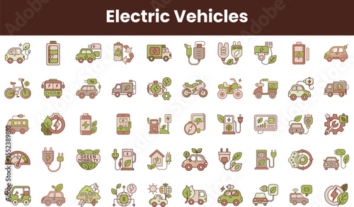 A diverse set of colorful icons representing electric vehicles, including cars, bikes, and charging stations, promoting green mobility and sustainable transport solutions.