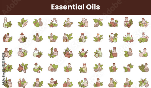 A vibrant collection of essential oil illustrations featuring various plants and bottles, showcasing the diverse range of nature's aromatic treasures.