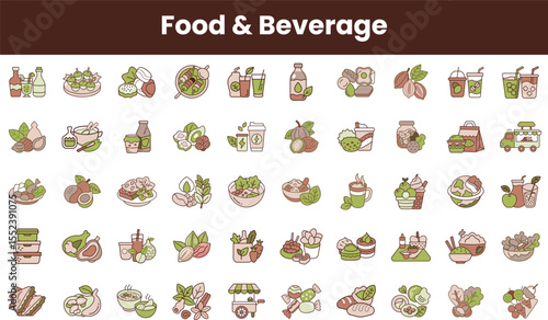A vibrant collection of food and beverage icons, showcasing diverse dishes, drinks, and ingredients in a minimalist style. Perfect for culinary-themed projects.