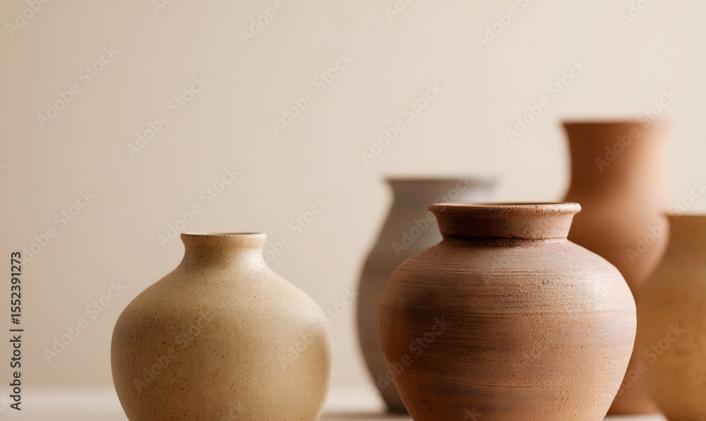 Minimalist aesthetic, close-up of clay pots and vases on a light beige background, Generative AI Minimalist aesthetic, close-up of clay pots and vases on a light beige background, Generative AI