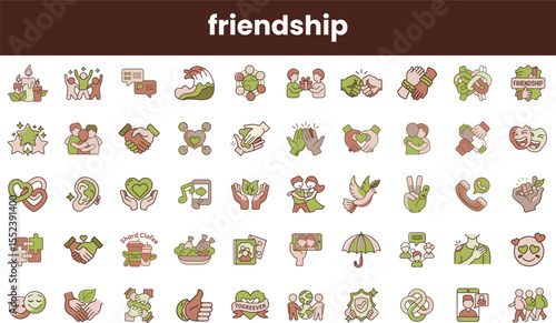 A colorful collection of friendship-themed icons showcasing connections, support, and cooperation in various forms. Perfect for celebrating friendship and teamwork.