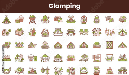A collection of charming glamping icons featuring tents, campfires, and outdoor elements, perfect for nature lovers seeking comfort and adventure.
