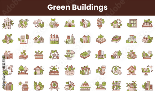 A diverse collection of green building icons featuring eco-friendly designs, renewable energy, and sustainable living concepts, showcasing a commitment to environmental awareness.
