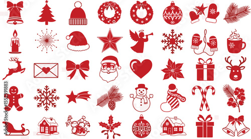 Christmas icon set, red holidays vector symbol collection