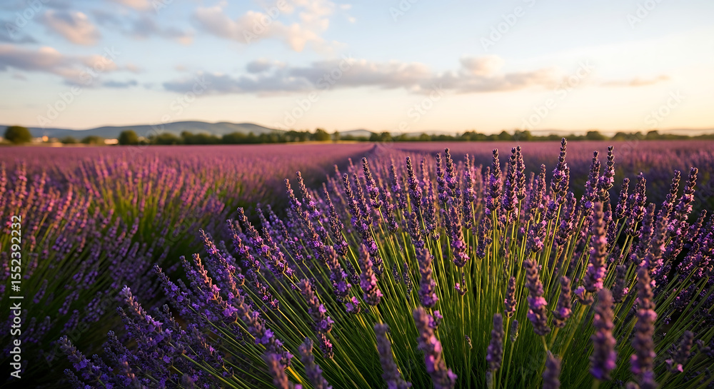 Naklejka premium Lavender field at sunset, rows of purple flowers, scenic landscape.