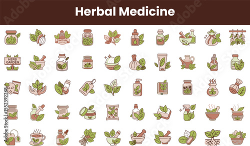 A colorful collection of herbal medicine icons featuring leaves, jars, and tools related to natural healing, showcasing the essence of herbal remedies.