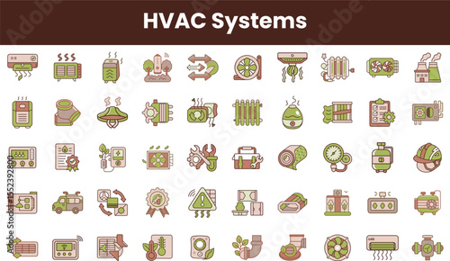 Collection of various HVAC system icons showcasing heating, ventilation, and air conditioning components in a modern design style.