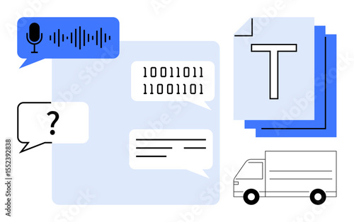 Speech recognition icon, chat bubbles, binary code, text files, and delivery truck. Ideal for communication tools, AI, data processing, logistics transcription networking simple landing page