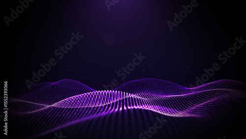 3D glowing purple grid wave flowing over a dark background, ideal for futuristic tech, data, and digital concept visuals in design and multimedia. 3d Rendering