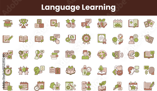 A vibrant collection of language learning icons, including books, awards, and communication symbols. Ideal for educational content and language study materials.
