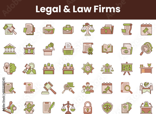 A collection of illustrated icons representing various aspects of legal and law firms, including judicial symbols, documents, and courtroom elements.