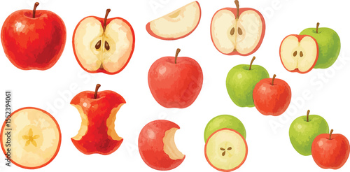 Watercolor Apple Fruit Illustration Hand-Painted Red and Green Organic Apples for Healthy Food and Botanical Design | Generative AI