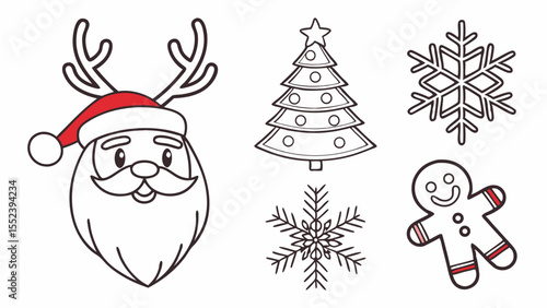 Christmas Coloring Pages Santa, Reindeer, Tree, and Snowflakes