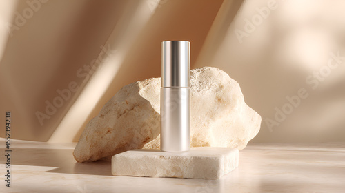 Sleek container shines amidst stone textures, spotlighted by gentle sunlight. Refined simplicity in beauty.