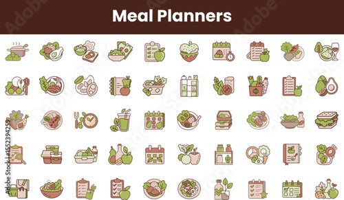 A vibrant collection of meal planner icons featuring healthy foods, cooking utensils, and nutritional elements, perfect for meal preparation and planning enthusiasts.