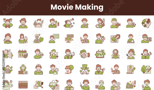 A diverse collection of illustrated icons representing various aspects of movie making, showcasing creativity, teamwork, and different roles in film production.