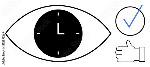 Black clock inside eye signifying focus checkmark and thumbs-up for approval, efficiency. Ideal for productivity, time tracking, focus, planning, organization, success, simple landing page