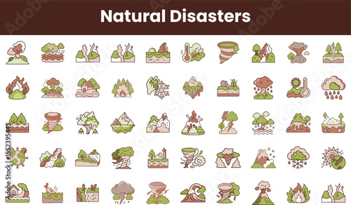 A diverse collection of illustrations depicting various natural disasters, including floods, wildfires, earthquakes, and storms, presented in simple, colorful designs.