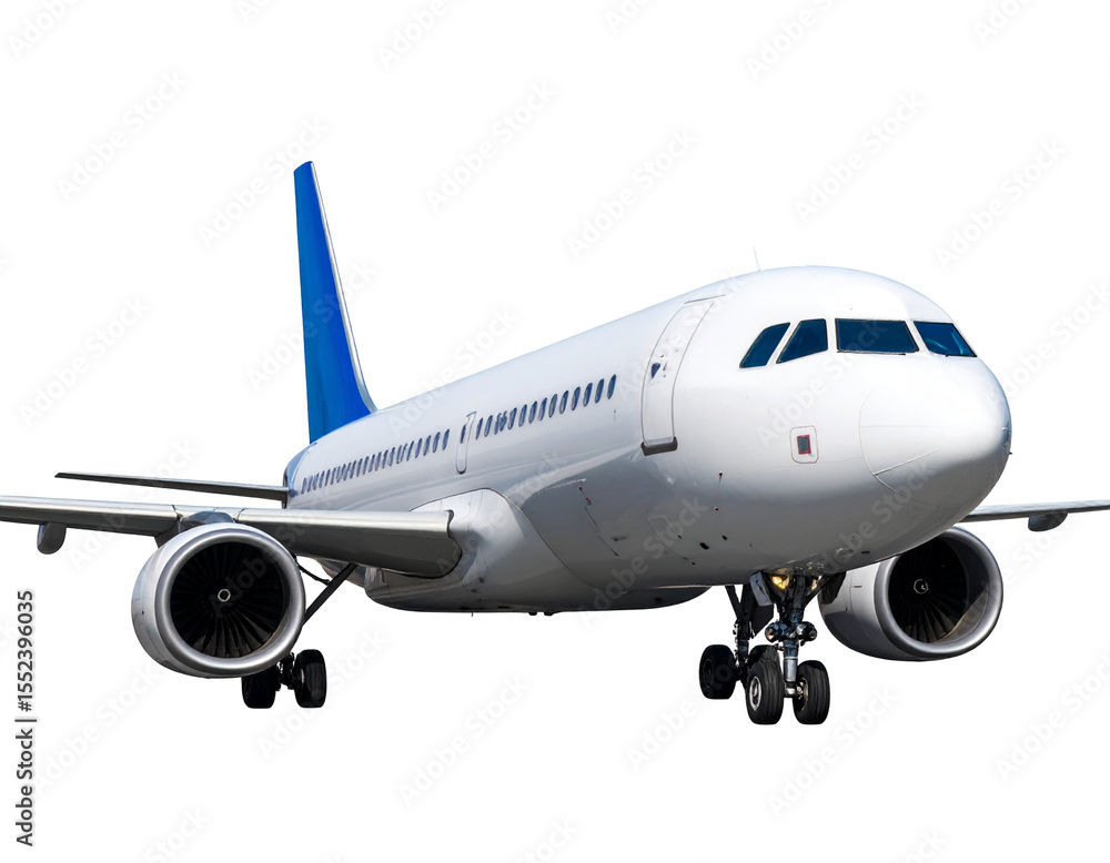 Obraz premium A sleek, white passenger jet with blue tail, poised on the tarmac, ready for takeoff