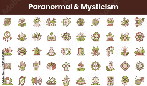 A vibrant collection of mystical and paranormal symbols, including nature motifs, spiritual icons, and elements of mysticism in soft pastel colors.