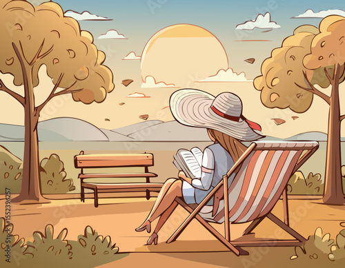 Woman in wide hat reading on lounge chair with vintage striped parasol.