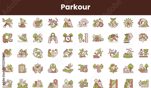 A vibrant collection of parkour-themed icons featuring agility, nature, and fitness, showcasing diverse movements and activities in energetic colors.