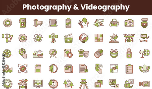 An array of photography and videography icons in a minimalist style featuring cameras, tripods, and editing tools, perfect for creative projects.