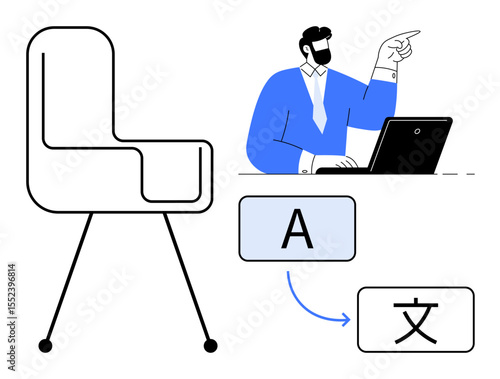 Man working at laptop points to translation blocks for multilingual communication. Ideal for education, technology, business, collaboration, online services, international teamwork, global reach
