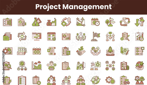 A colorful collection of project management icons, featuring various symbols representing planning, teamwork, deadlines, and workflow, suitable for business and organizational purposes.