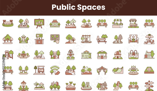 A colorful collection of illustrations depicting various public spaces, including parks, playgrounds, and community gathering areas, showcasing vibrant greenery and recreational features.