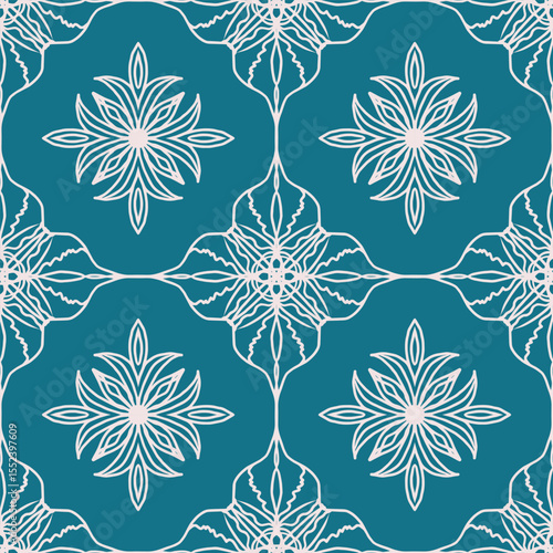 Delicate fantasy ornament. Seamless pattern with light flowers on turquoise background. Vector. Template for fabric and textile, wallpaper, packaging, cover.