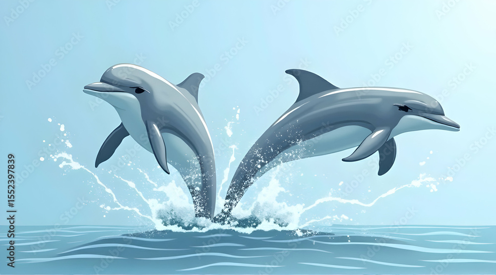 Fototapeta premium Two Dolphins Leaping From Light Blue Ocean Water with Splashes