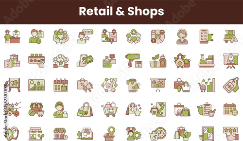 A colorful collection of retail and shop icons, featuring shopping carts, customer service, and eco-friendly symbols, ideal for various business applications.