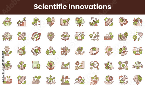 A collection of diverse scientific innovation icons representing sustainability, technology, and research, featuring earthy tones and modern design elements.