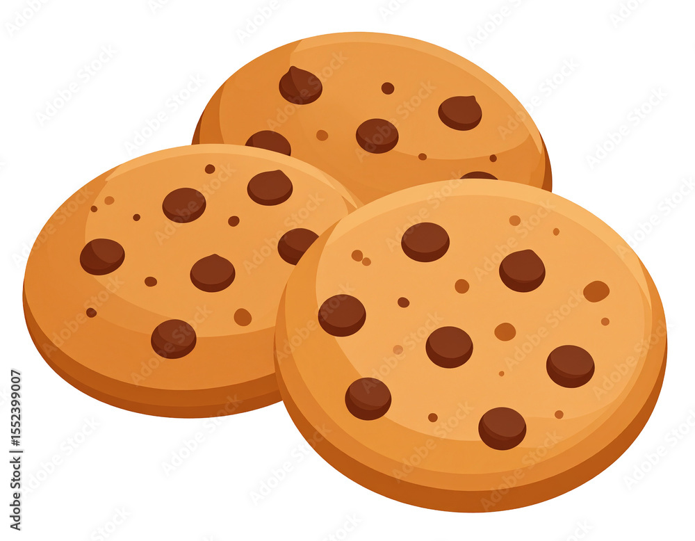 Fototapeta premium Three round, golden-brown chocolate chip cookies