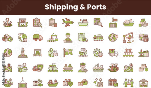 A colorful collection of icons representing various aspects of shipping and ports, including transportation, logistics, and maritime elements, ideal for infographics and design projects.
