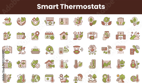 A colorful collection of smart thermostat icons featuring eco-friendly designs, temperature controls, and energy-saving symbols, reflecting modern technology and sustainability.