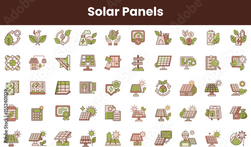 A diverse collection of solar panel icons illustrating renewable energy concepts, featuring modern designs and eco-friendly elements in soft green and earthy tones.