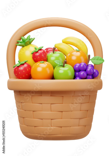 3d Render Fruit Basket Arrangement with Apples Bananas and Grapes PNG