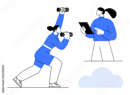 Woman lifting dumbbells in a lunge position, guided by a personal trainer holding a tablet. Ideal for fitness, health app, training program, exercise routine, online coaching, wellness, simple