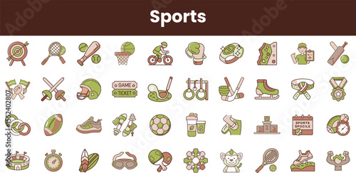 A vibrant collection of sports icons, featuring various equipment and activities like tennis, basketball, cycling, and more, showcasing a diverse athletic theme.