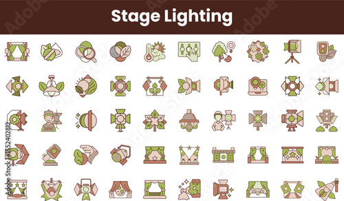A collection of diverse stage lighting icons in a minimalist design featuring earthy tones. Ideal for theater, film, and event planning design projects.