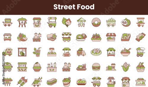 A colorful array of street food icons, showcasing various food trucks, dishes, and beverages perfect for any food lover's delight.