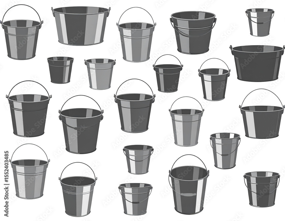 A collection of various sized grey buckets A collection of various sized grey buckets