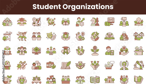 A vibrant collection of icons representing various student organizations, showcasing diversity in activities such as academics, environment, arts, and community engagement.